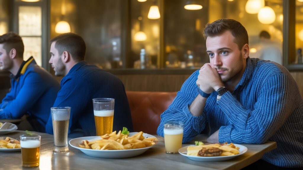 A realistic editorial photograph of a man sitting at a pub table with a half-full pint of lager and a small plate of typical takeaway food like fries or a sausage roll beside him, dim pub interior with wooden tables and soft natural light, the man casually dressed and looking contemplative as he glances at his drink, emphasising the connection between alcohol consumption and hidden calories affecting weight loss progress.