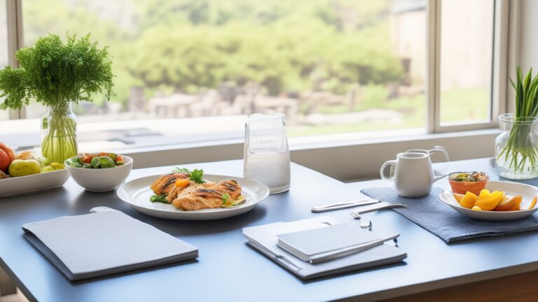 a modest kitchen table with a simple balanced meal plate featuring grilled chicken, steamed vegetables, brown rice, and a glass of water, next to a notepad with handwritten meal plan notes, natural daylight filtering through a nearby window, an ordinary man casually seated eating purposefully without distraction, minimalistic home kitchen background showing a kettle and fruit bowl, realistic editorial style