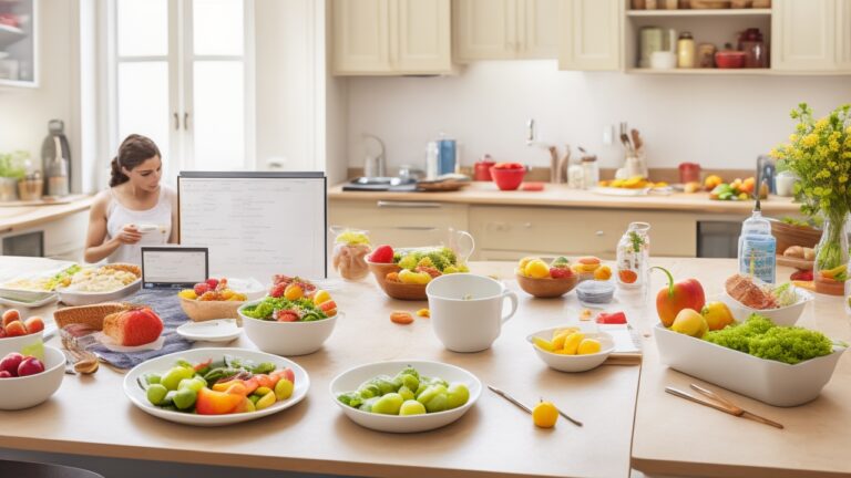 a kitchen countertop with a simple meal plan laid out including containers of cooked chicken, rice, mixed vegetables, wholemeal bread, fruits like apples and berries, a handwritten meal planning checklist on paper next to a pen, a man casually dressed in everyday clothes standing nearby holding a cup of tea, natural lighting from a window showing a realistic home kitchen environment focused on practical meal preparation and planning for weight loss